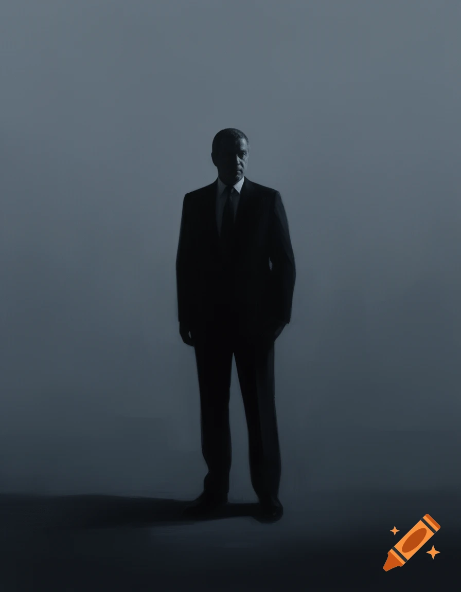 A minimalist, dark-toned portrait of a man in a suit, largely in silhouette, against a dark gray background.