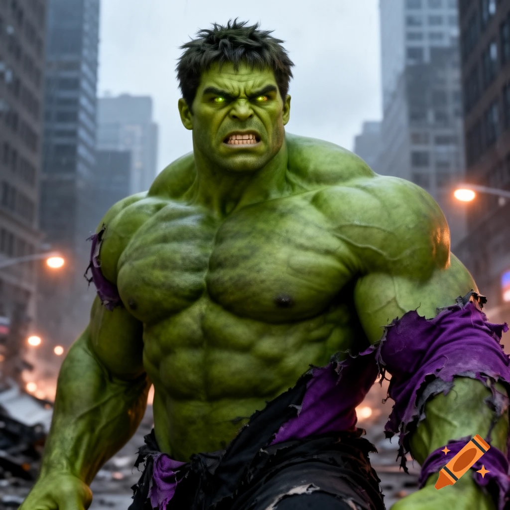 A massive, angry Hulk, with green skin and glowing eyes, stands menacingly in a destroyed city street.