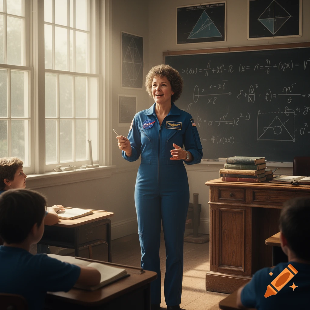 A woman in a blue NASA astronaut jumpsuit stands in a sunlit classroom, teaching a group of young children. Mathematical equations are written on the blackboard behind her.