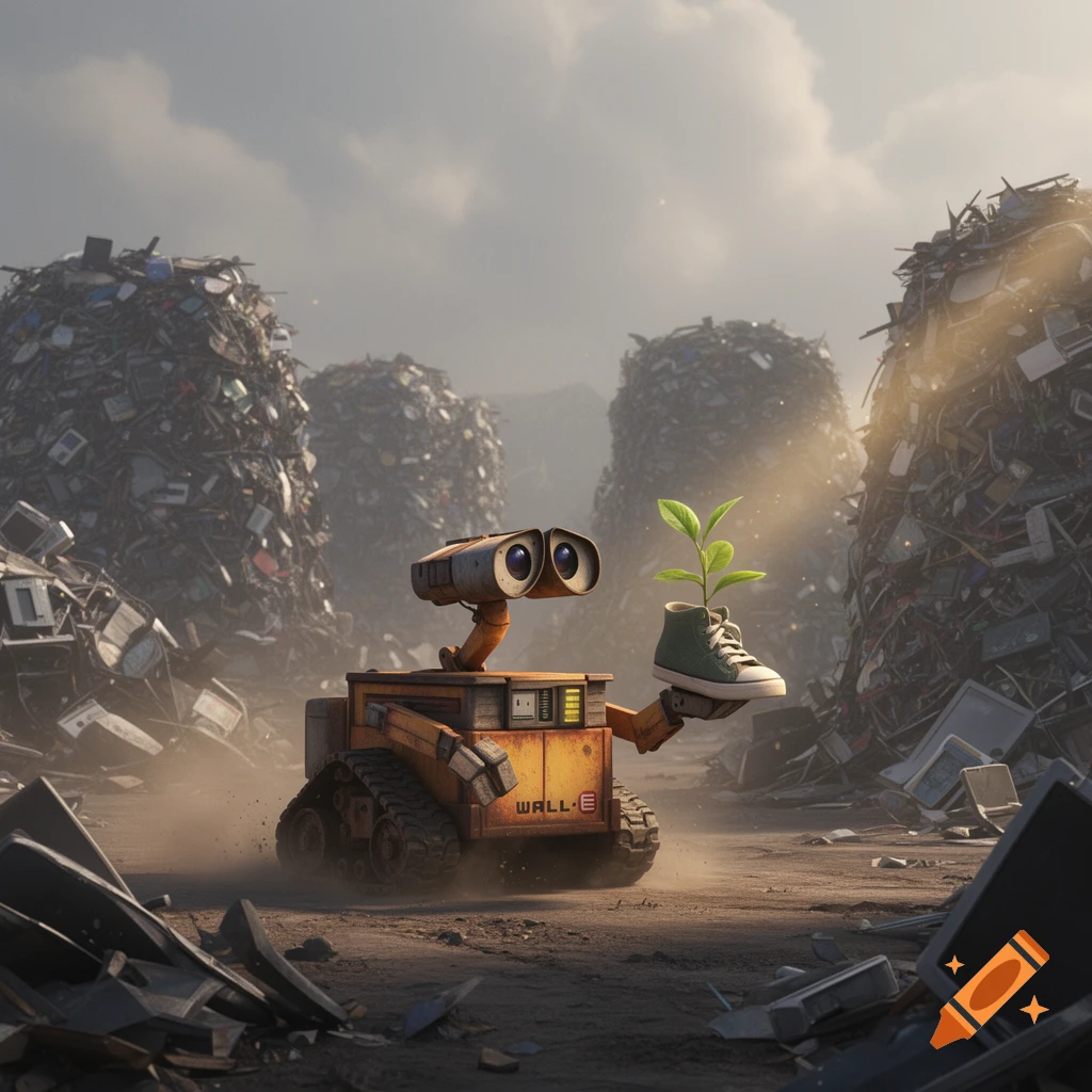 Animated WALL-E robot holds a green sprout in a shoe in a vast junkyard under a cloudy sky.