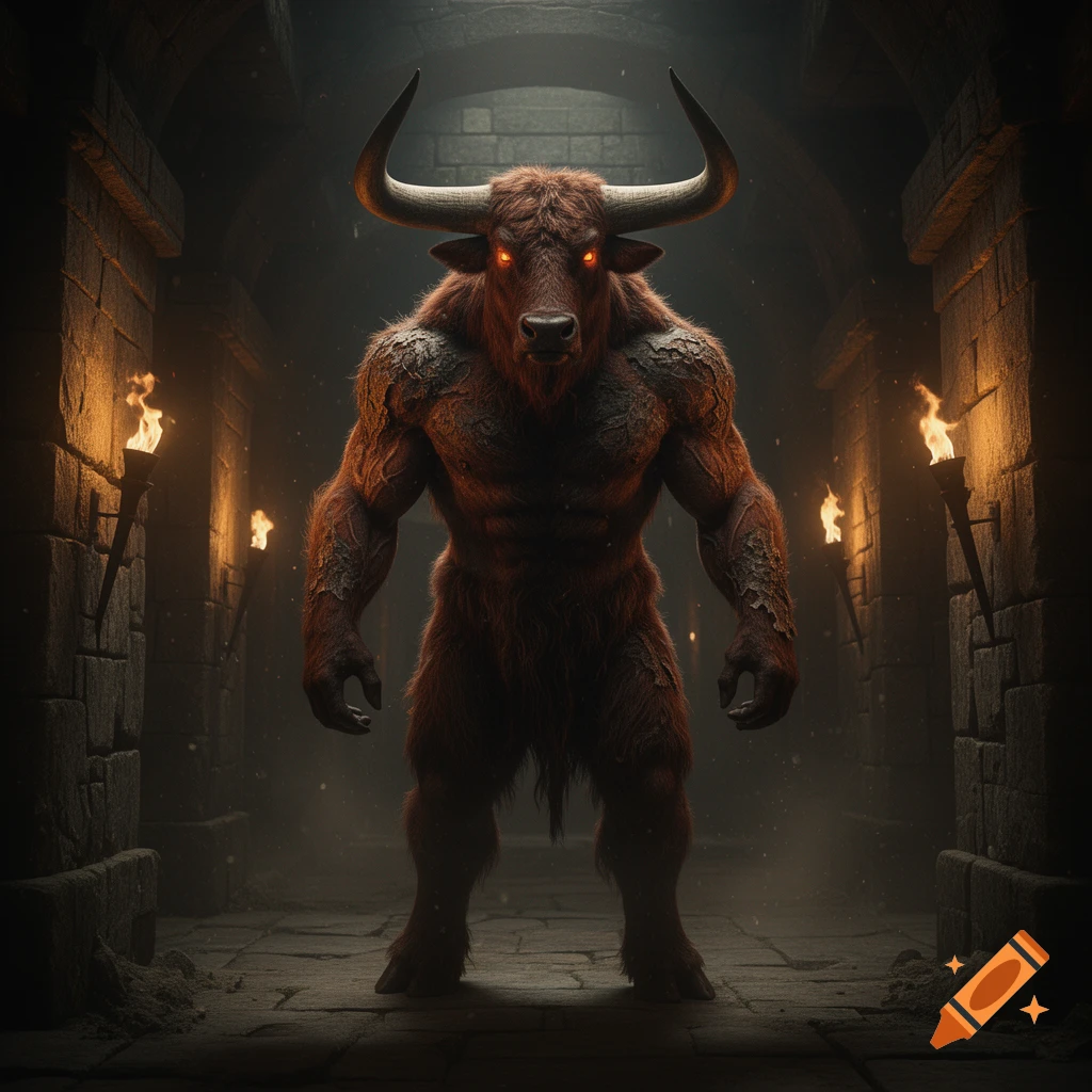 A muscular Minotaur with glowing red eyes and large horns stands in a dimly lit stone dungeon hallway with torches.