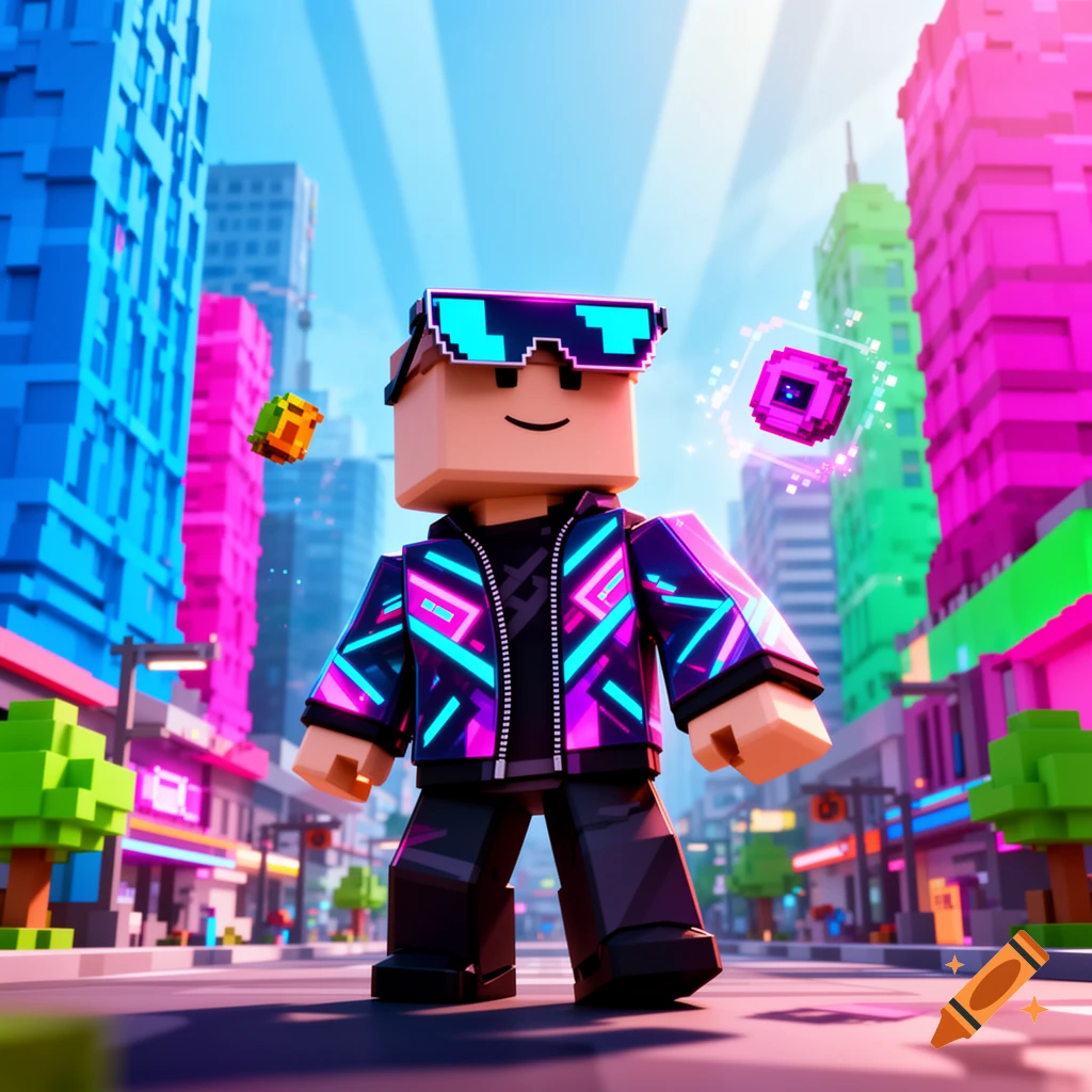 A blocky Roblox-style character with pixelated sunglasses and a neon jacket stands in a vibrant, futuristic voxel city under a bright sky.