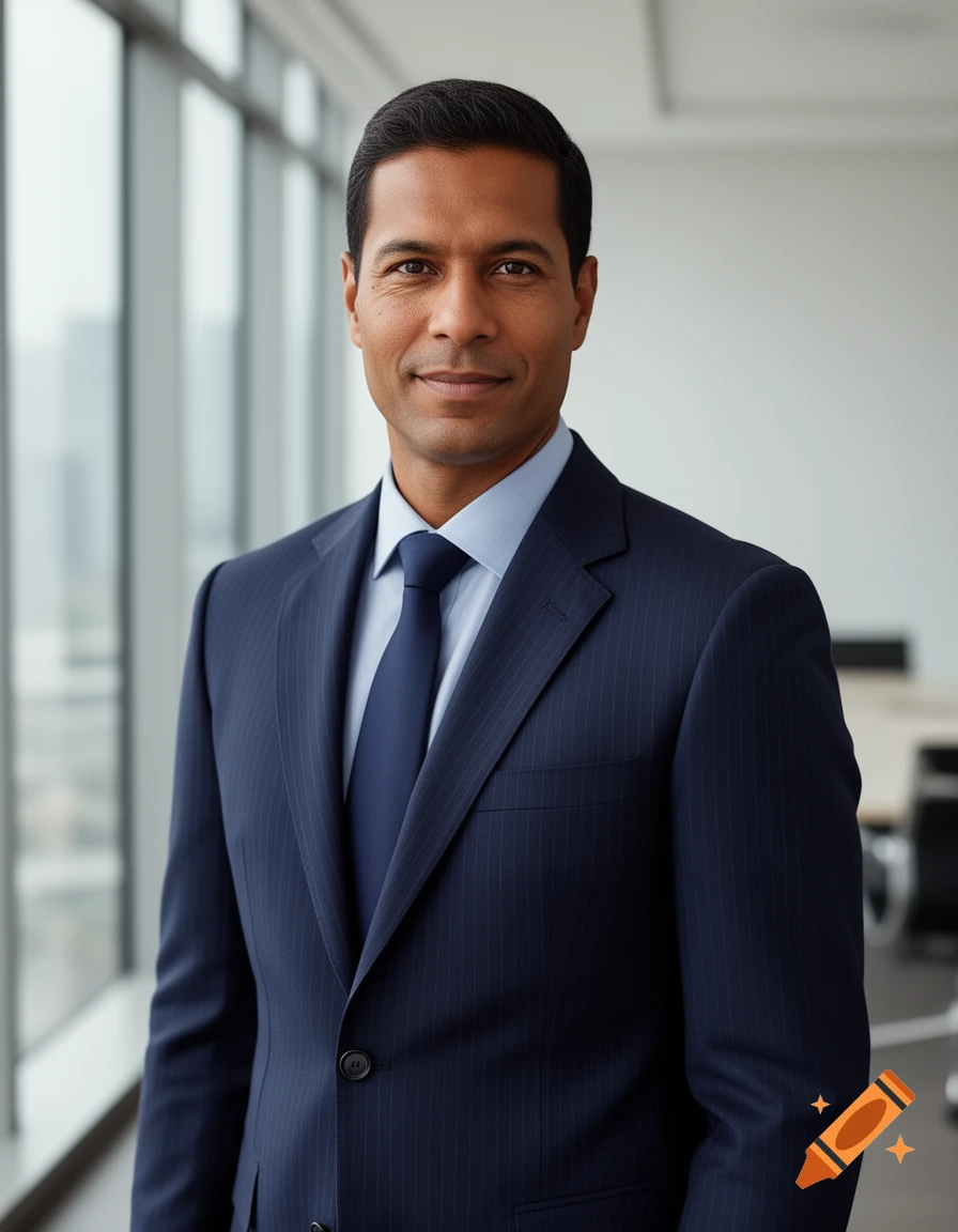 Formal portrait of a man in a dark pinstripe suit and light blue shirt, standing in an office.