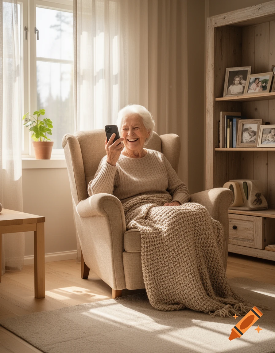 A joyful elderly woman sits in a cozy armchair, smiling at her smartphone in a bright, sunlit living room.