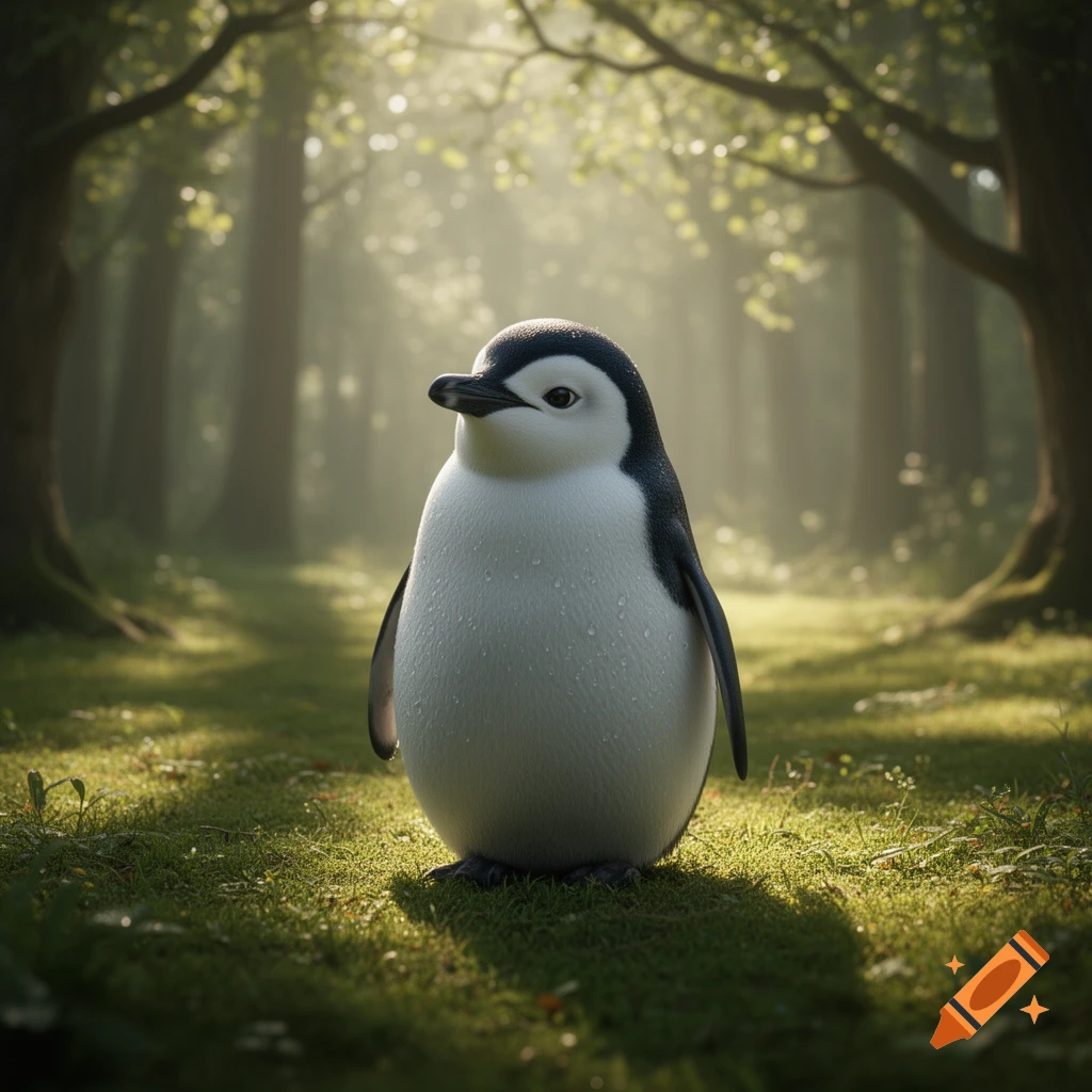 A cute penguin stands upright in a sunlit forest clearing with mist and trees in the background.