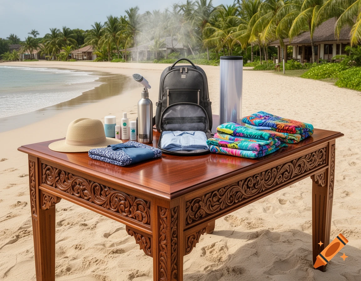 A decorative mahogany table sits on a sandy beach, laden with travel essentials like a hat, backpack, toiletries, water bottle with shower, and colorful towels.