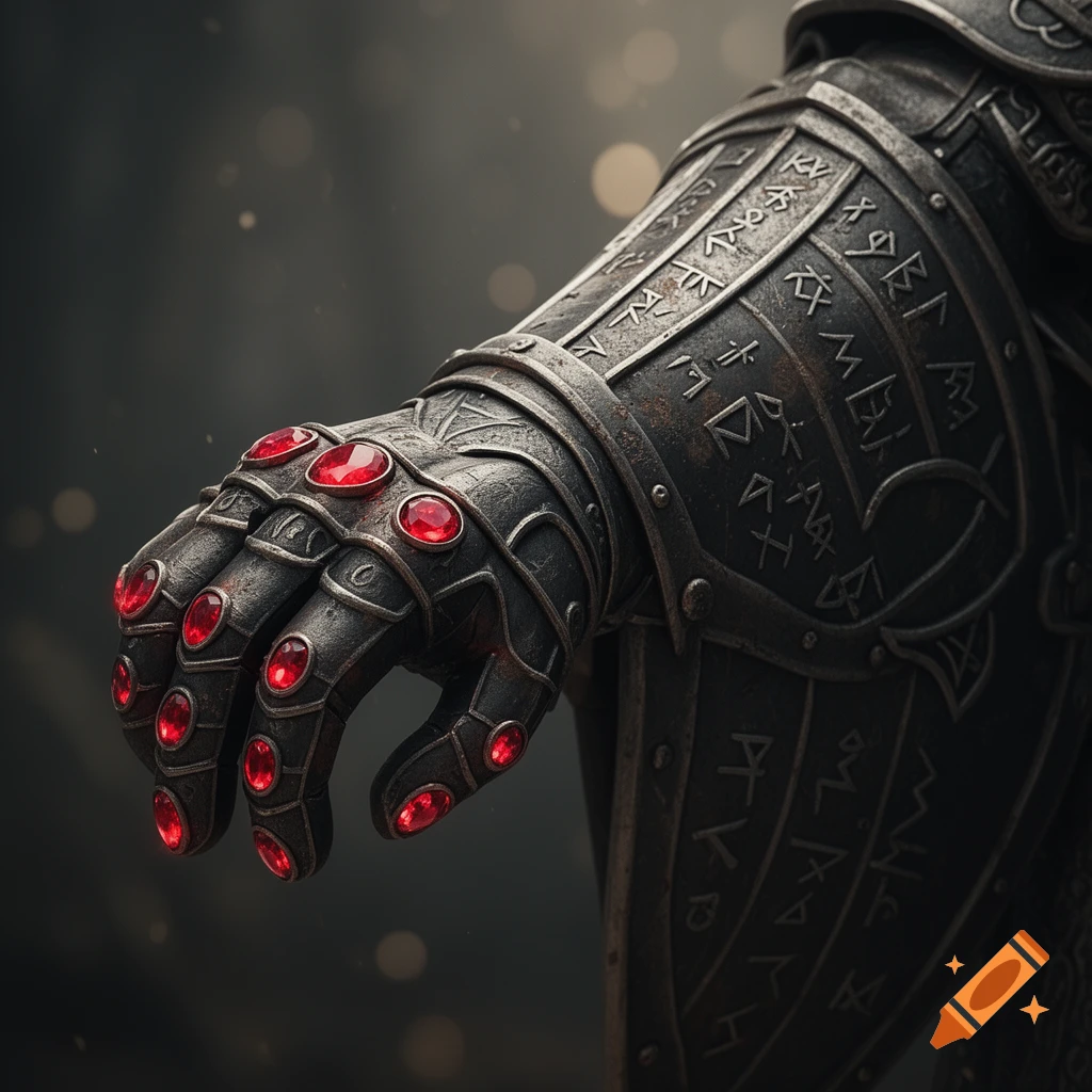A close-up of dark fantasy armor, featuring a gauntlet with glowing red gems and an arm plate etched with mysterious runes.