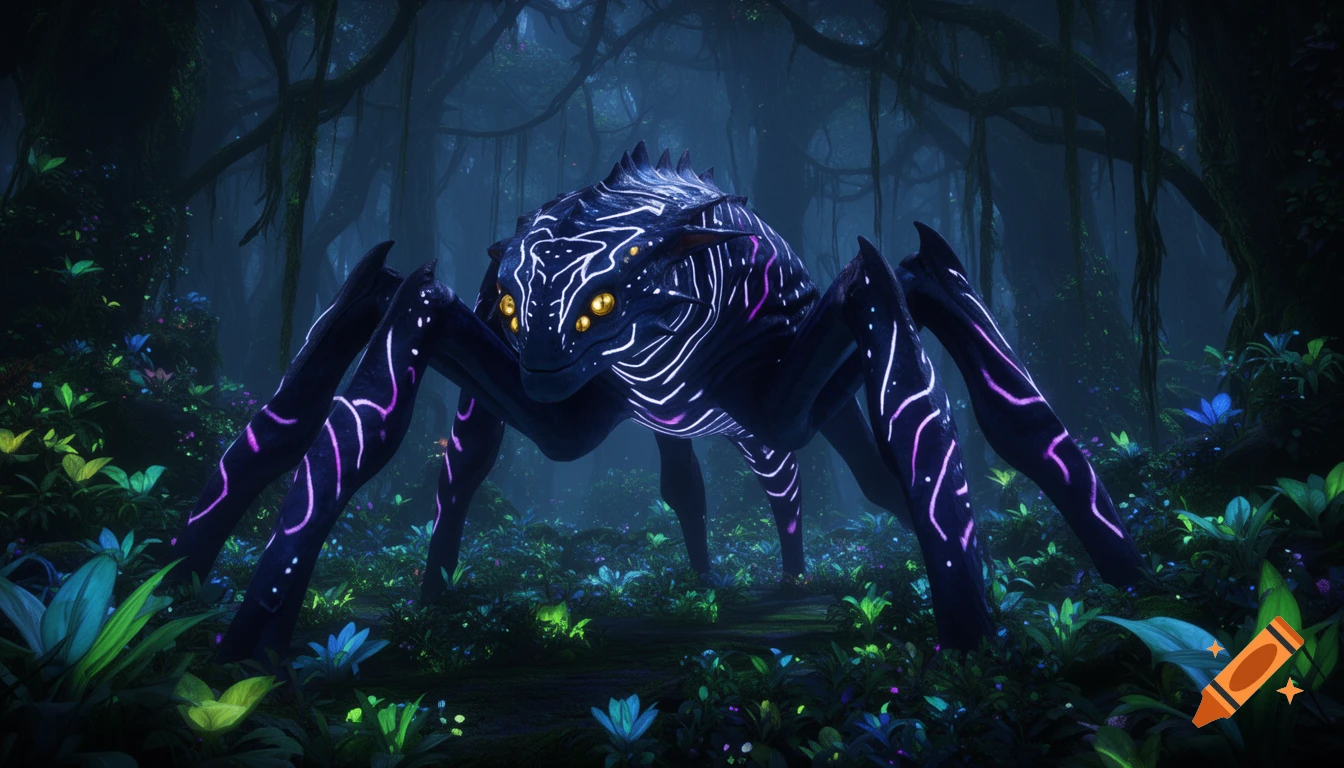 A massive, black, six-legged creature with glowing purple and white patterns and golden eyes in a dark, bioluminescent rainforest, in a realistic sci-fi style.
