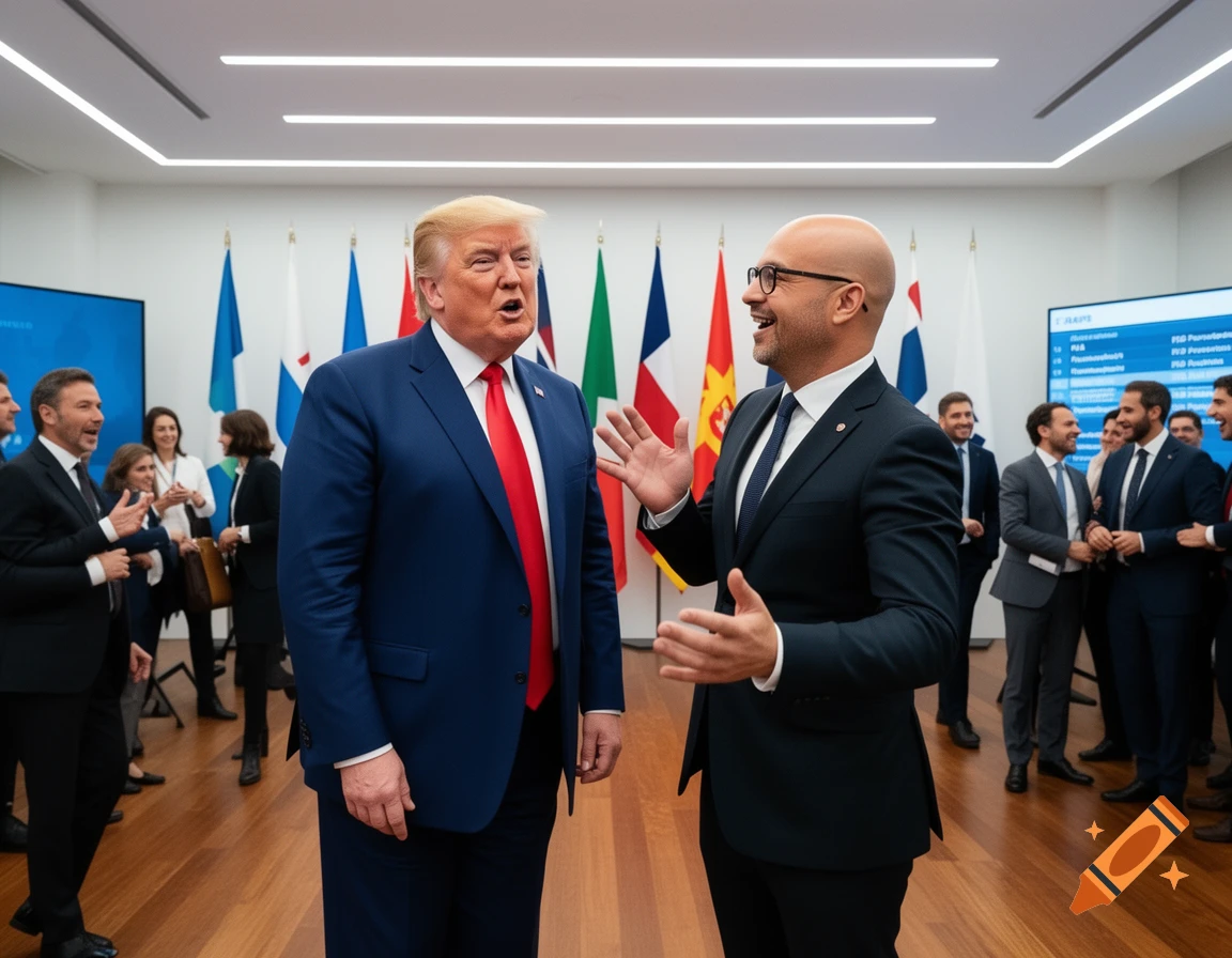 Donald Trump talks to a bald man in a suit at a conference with flags in the background.