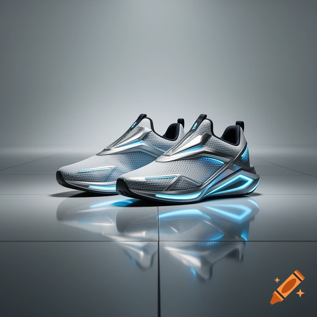 A pair of white and silver futuristic sneakers with blue glowing accents on a reflective surface, product photo style.