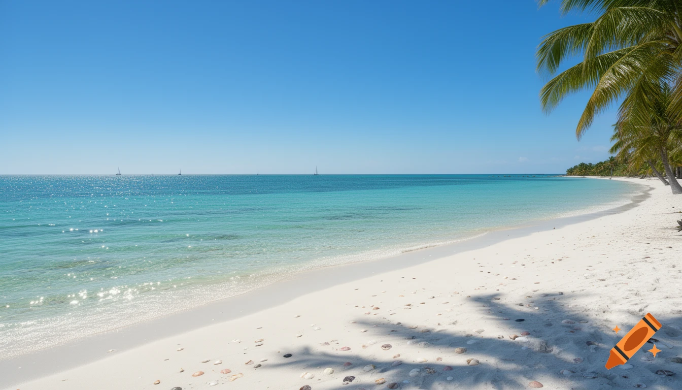 A serene white sand beach with clear turquoise water, distant sailboats, and palm trees under a bright blue sky.