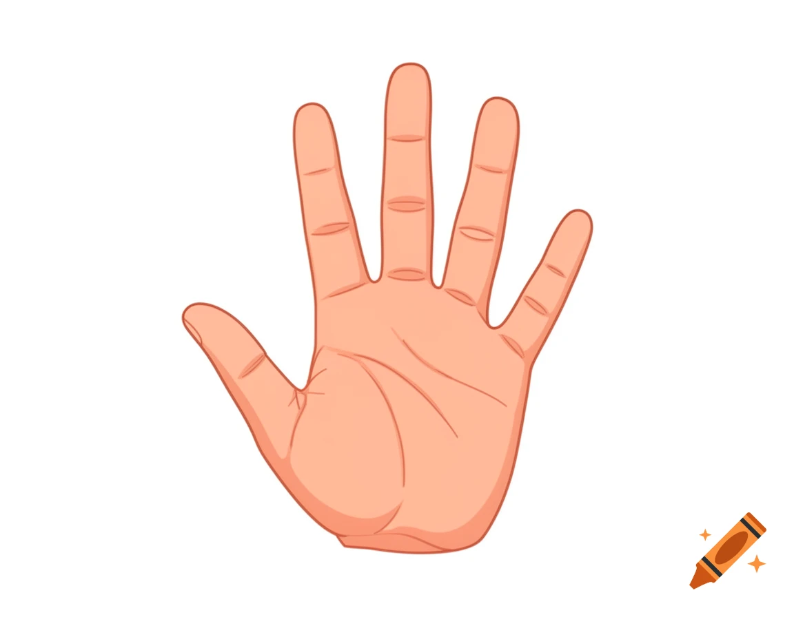 An illustration of a five-fingered human hand with a light skin tone, palm facing forward, on a white background.