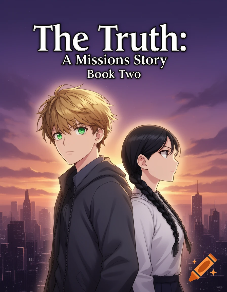 Anime book cover with a blonde boy and a dark-haired girl standing back-to-back against a city skyline at sunset, titled "The Truth: A Missions Story Book Two".