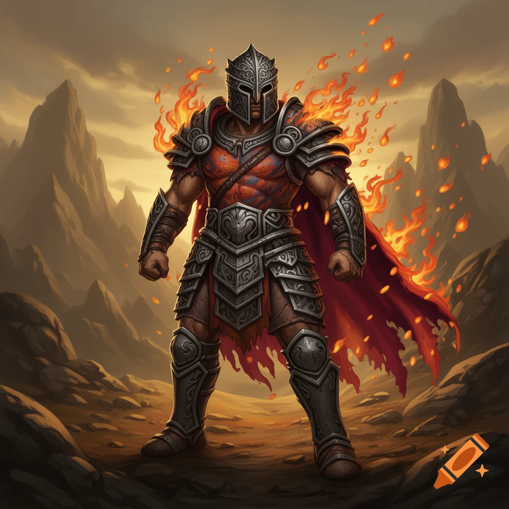 A powerful, armored fantasy warrior with fire on his shoulders stands in a barren, mountainous landscape under a dramatic sky.