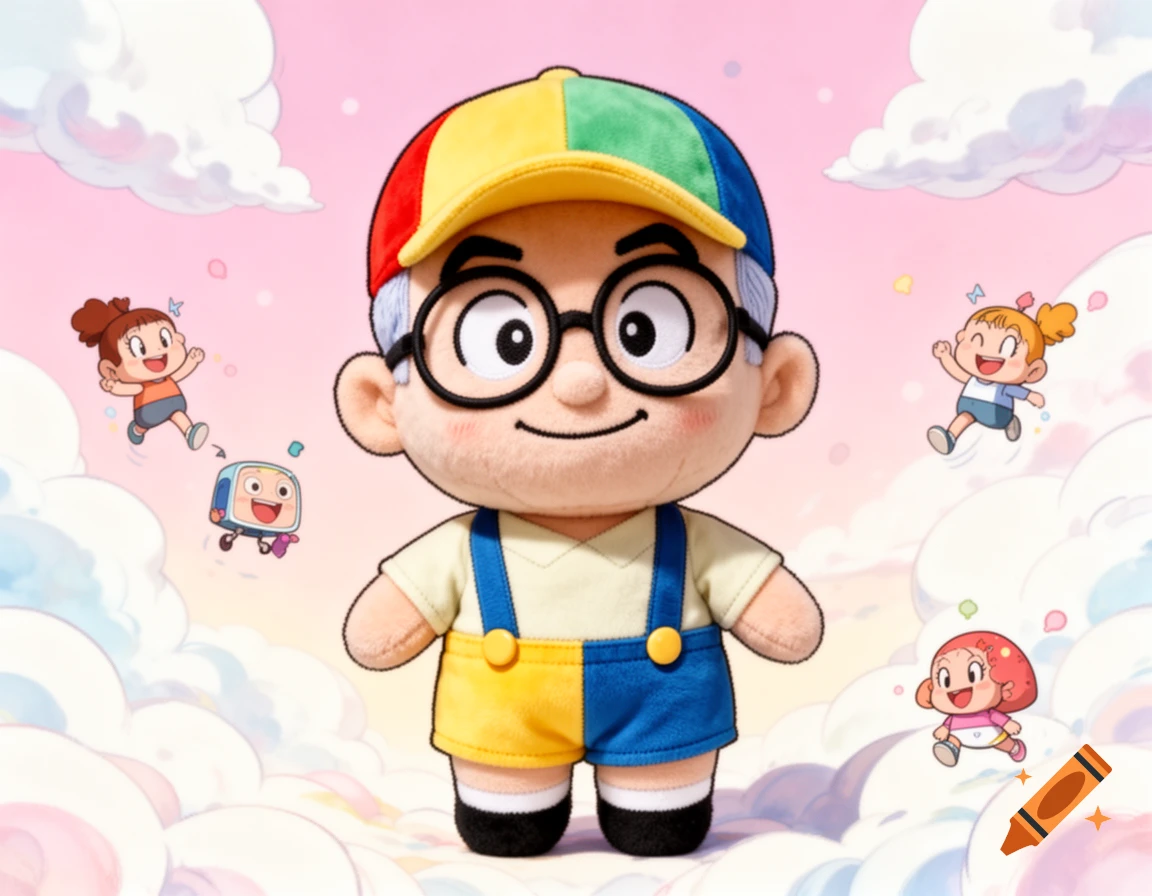 An anime-style plush toy resembling Benjamin Netanyahu in a colorful cap and overalls floats among pink clouds, surrounded by cartoon children.