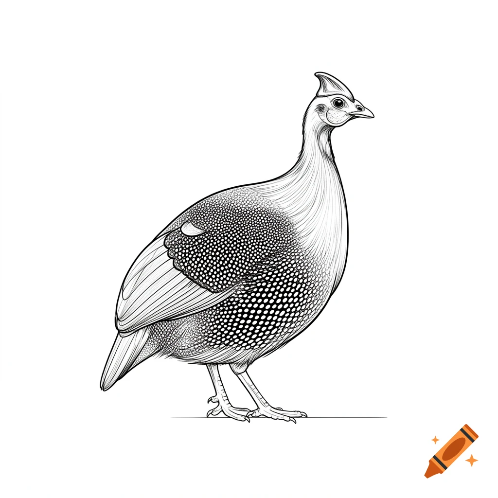 A monochrome line drawing of a guinea fowl standing, with speckled body feathers and a distinct head crest.