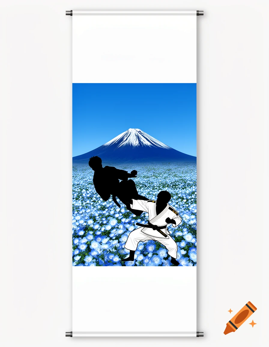 A Japanese judo banner with Mount Fuji, a judoka in a white gi and black belt throwing another judoka, set against a field of blue nemophila flowers and a bright blue sky, in a graphic illustration style.