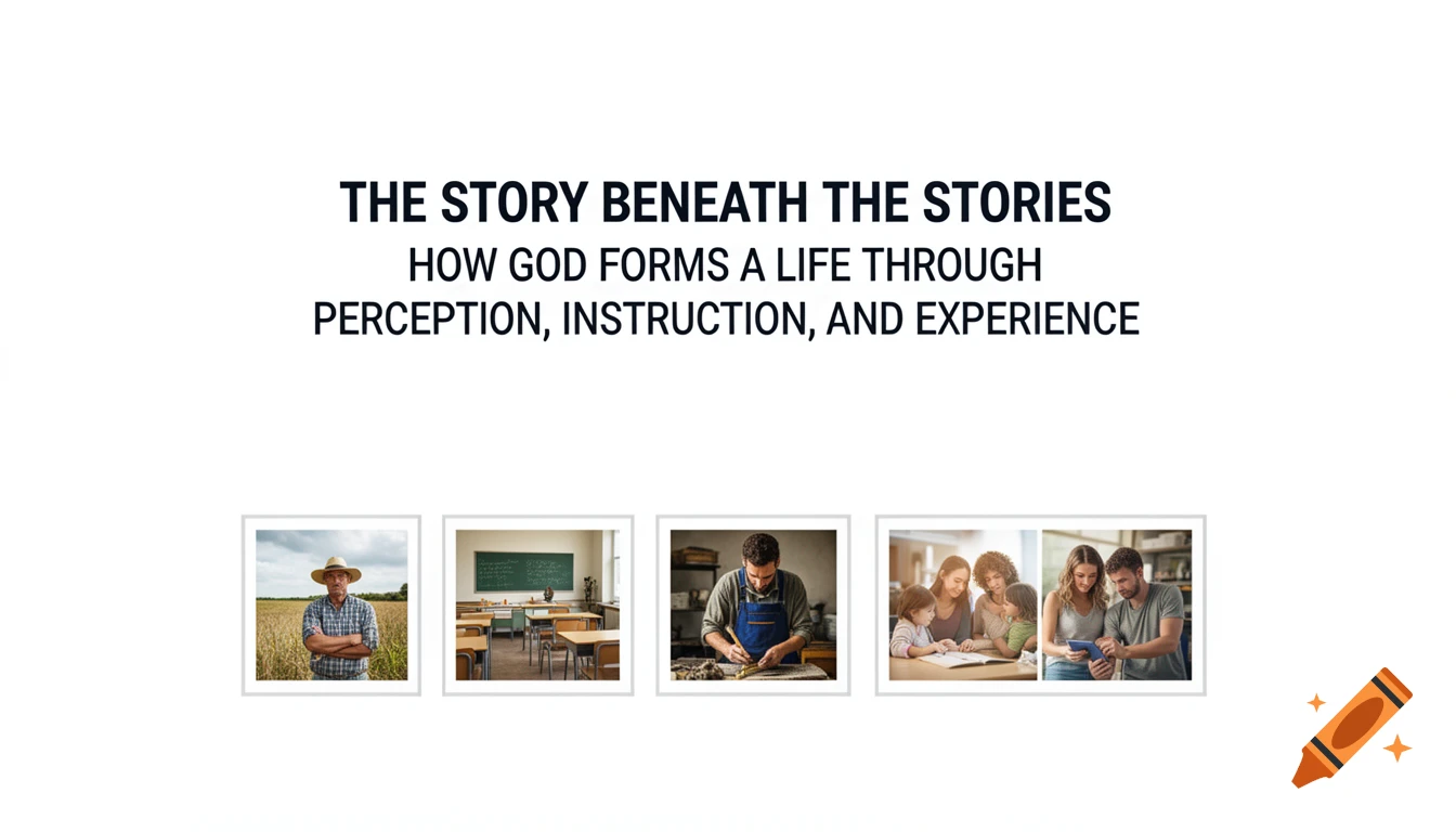 A slide with a title in bold black text "THE STORY BENEATH THE STORIES HOW GOD FORMS A LIFE THROUGH PERCEPTION, INSTRUCTION, AND EXPERIENCE" above four framed images: a farmer, a classroom, a craftsman, and a family reading.