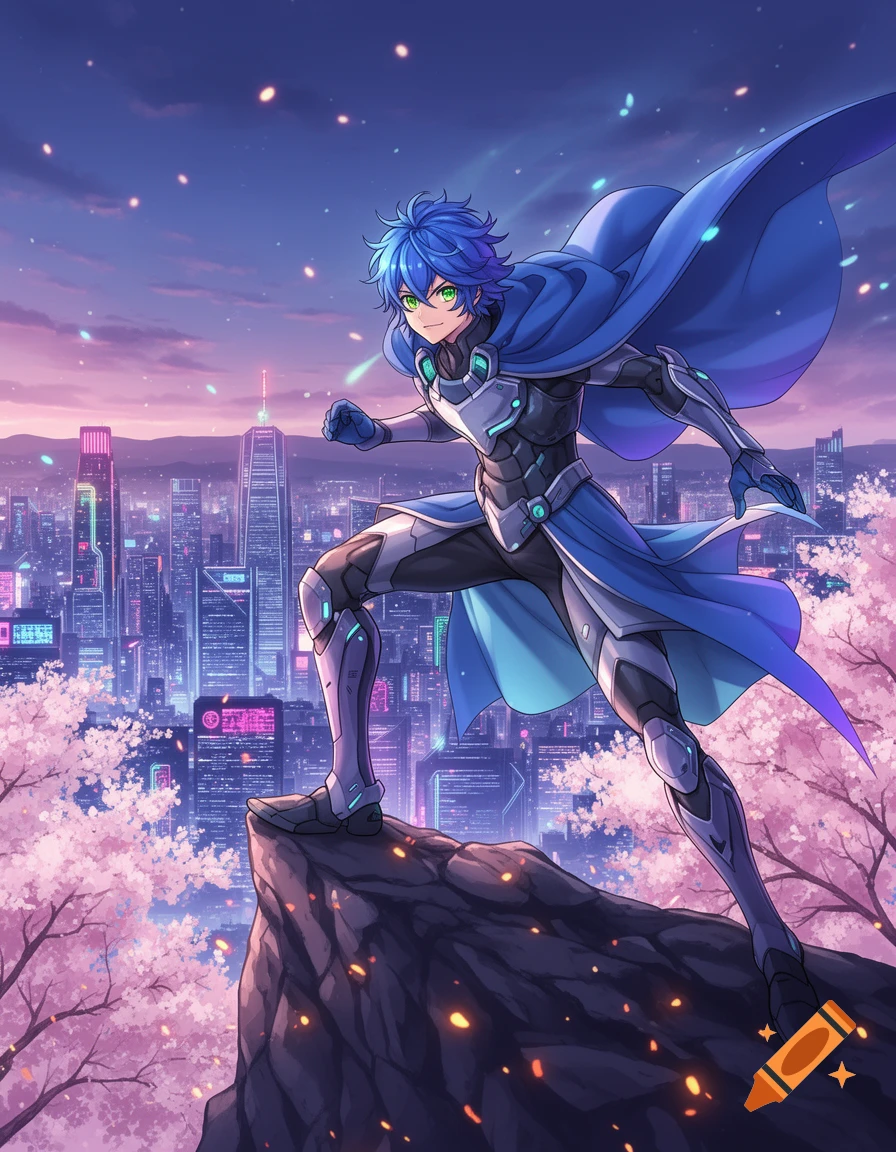 Anime character with blue hair and cape in an armored suit standing on a rock overlooking a vibrant city at dusk with cherry blossoms.