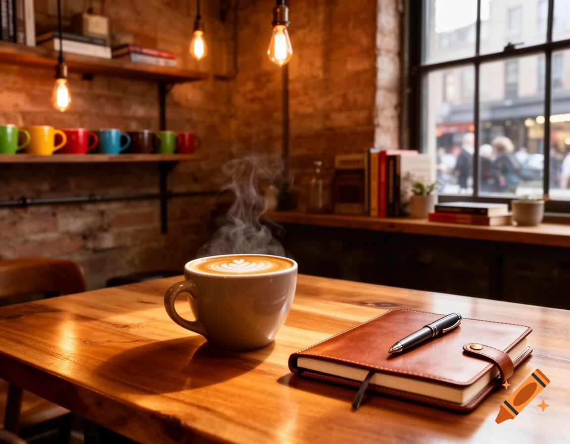 Steaming latte with foam art, a leather journal, and a pen on a wooden table in a cozy cafe with brick walls.