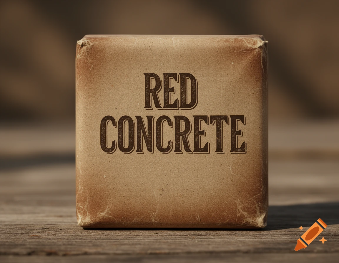 A brown, weathered package with "RED CONCRETE" printed in dark brown text, sitting on a rustic wooden surface.