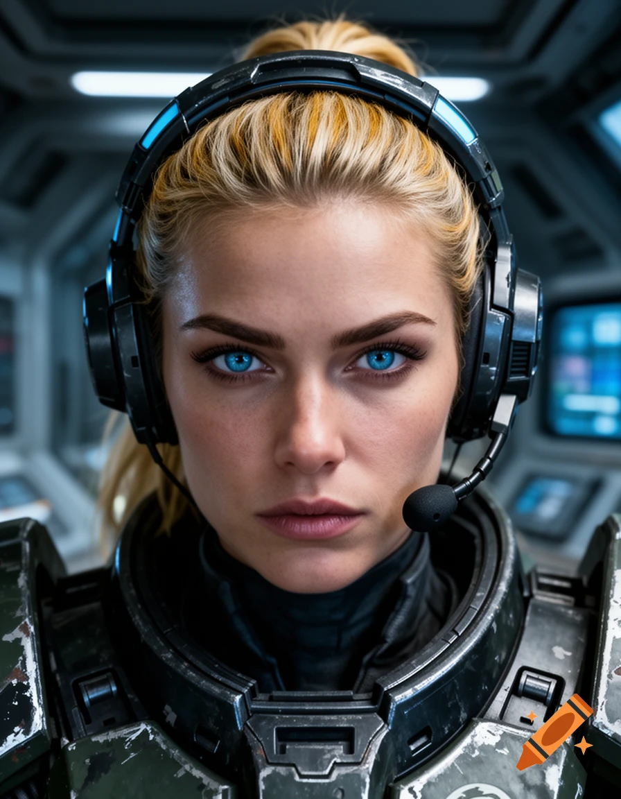 Close-up portrait of a blonde female space marine with striking blue eyes, wearing a headset and detailed combat armor.