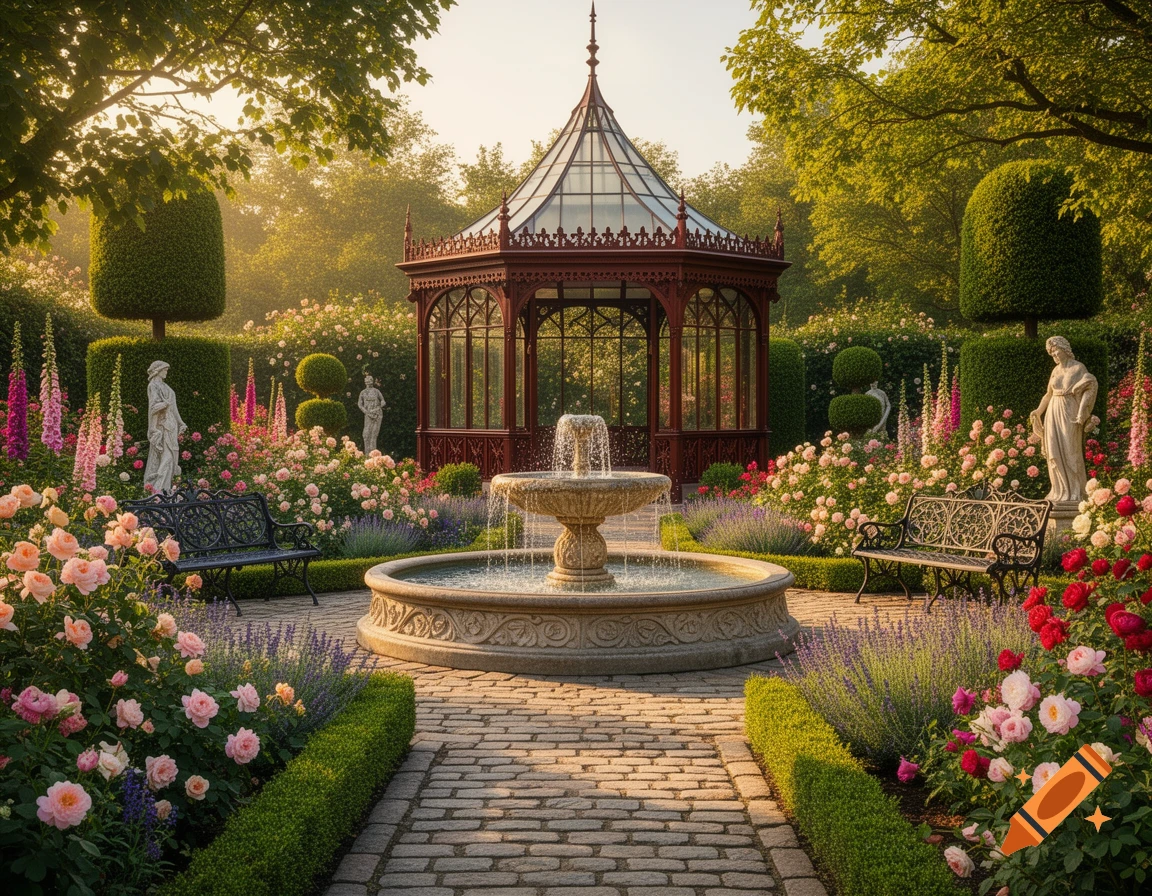 A vibrant Victorian garden with a central fountain, ornate gazebo, classical statues, and colorful flower beds on a sunny day.