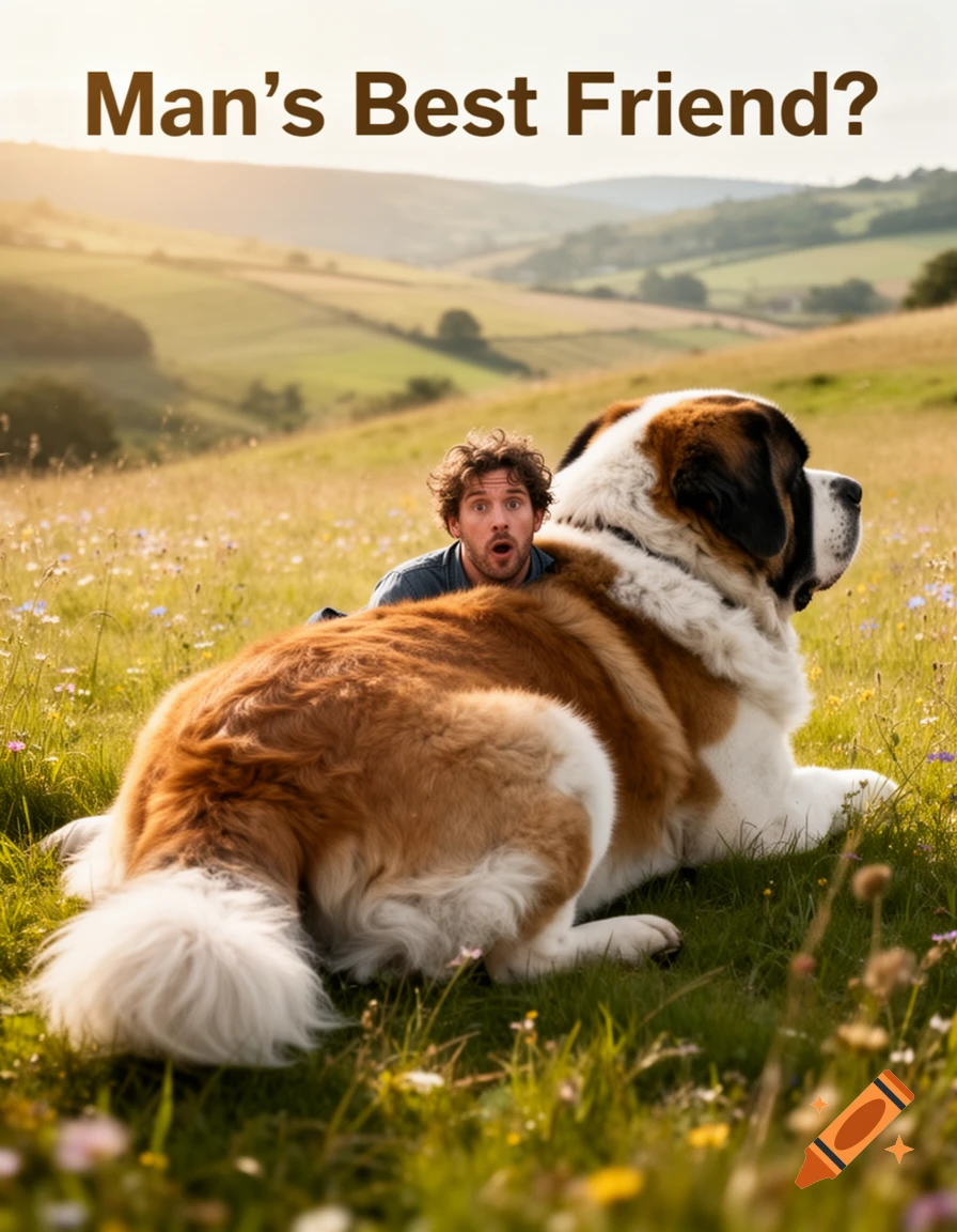 A surprised man peeks from behind a giant St. Bernard dog in a sunny, wildflower-filled field under text "Man's Best Friend?". Photorealistic.