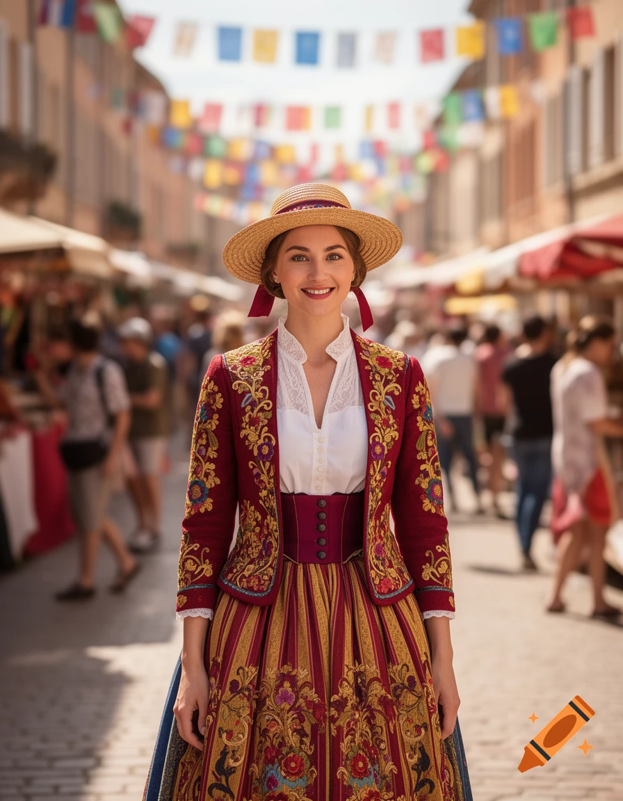 A woman in a red and gold embroidered traditional folk costume and straw hat smiles on a sunny street with colorful flags.