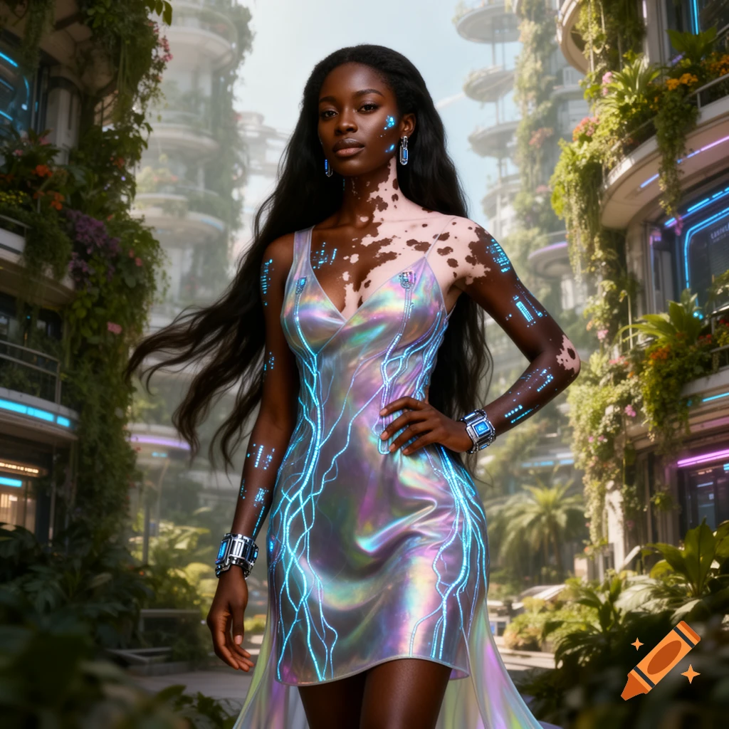 A dark-skinned woman with vitiligo and glowing circuit patterns on her skin and dress stands in a lush solarpunk city.
