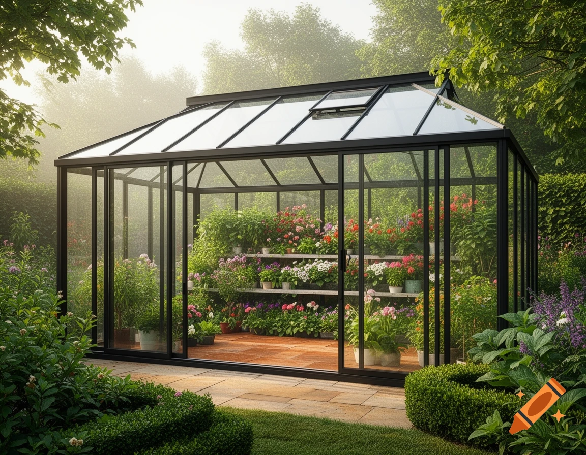 A modern greenhouse filled with colorful potted plants and flowers stands in a lush garden on a sunny morning.