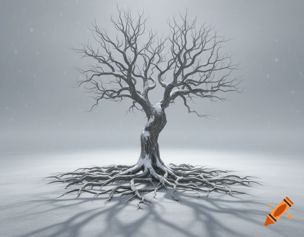 A bare, gnarled tree with exposed roots stands in a stark, snowy winter landscape with falling flakes.