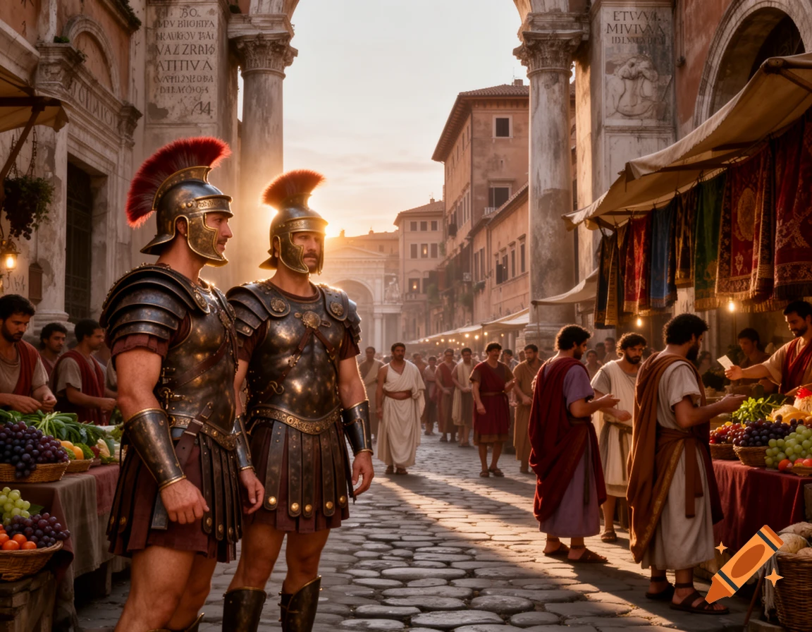Two armored Roman soldiers stand in a busy ancient Roman marketplace during sunset, with vendors and citizens milling about.