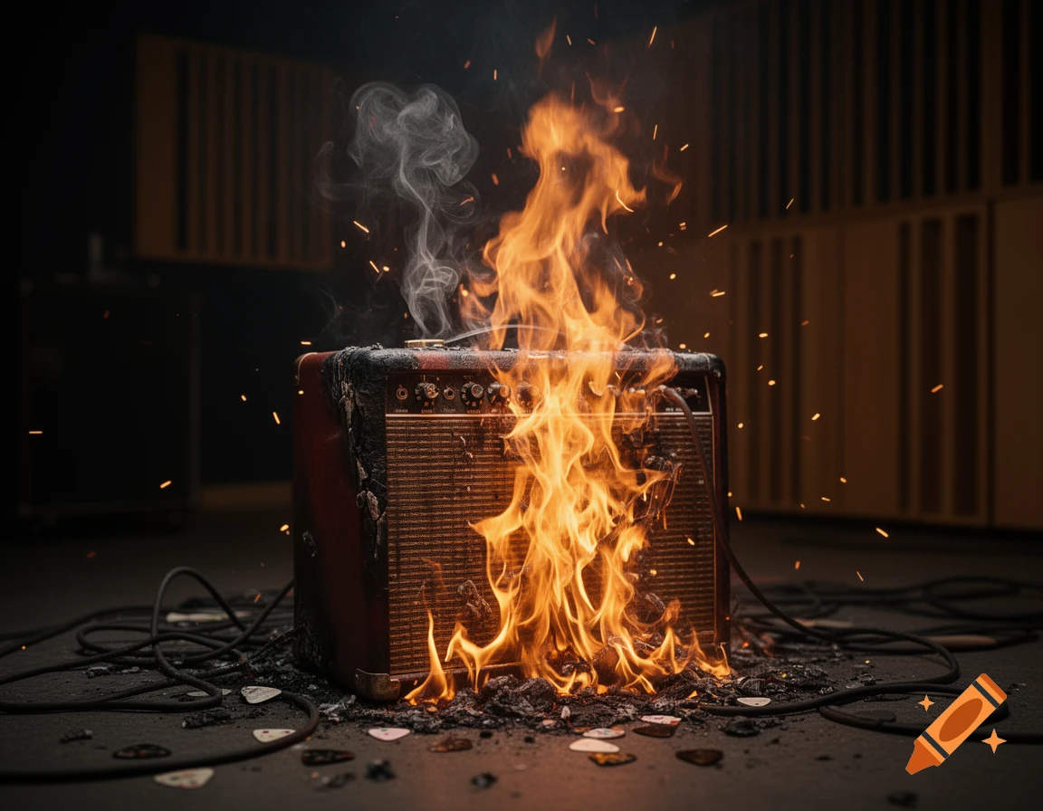 A guitar amplifier engulfed in flames, with smoke rising and sparks flying, surrounded by burnt debris and cables on a dark stage floor. Photorealistic style.