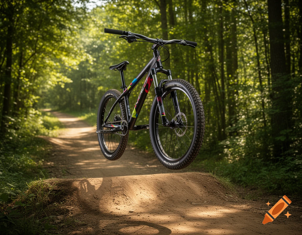 A black mountain bike floats mid-air over a dirt jump on a sunlit path in a green forest, photorealistic.