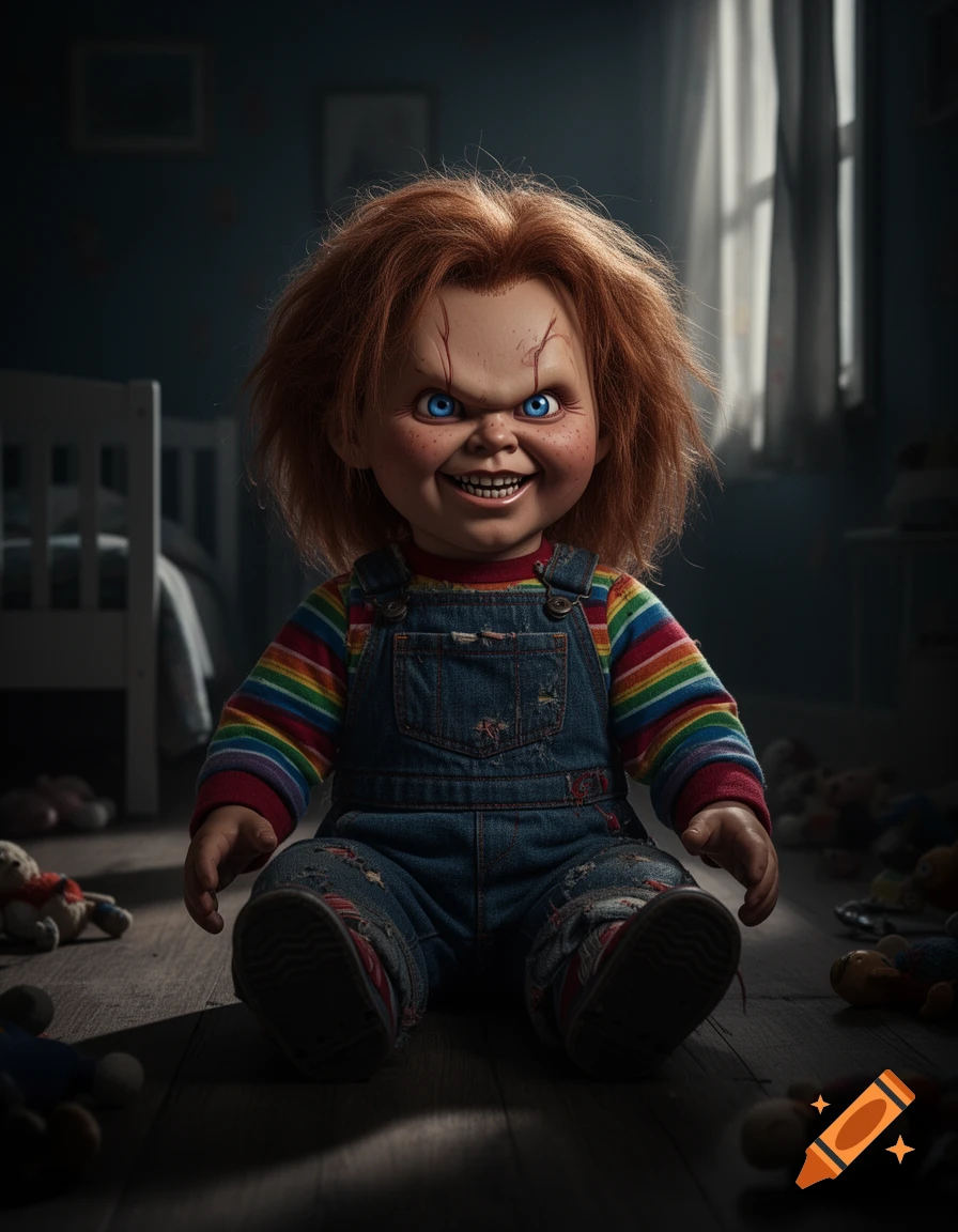 A creepy Chucky doll with red hair and blue eyes, wearing a rainbow shirt and overalls, sits on a wooden floor in a dimly lit room.