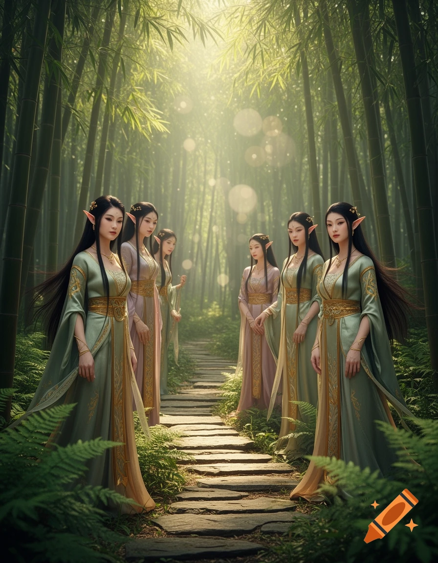 Multiple female elves in ornate Asian-inspired dresses stand on a stone path in a sunlit bamboo forest.