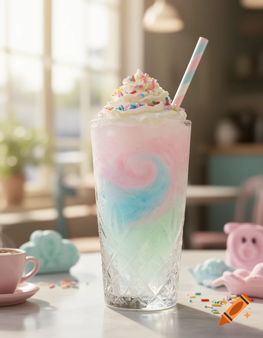 A tall glass of swirled pink, blue, and green sugary drink topped with whipped cream and sprinkles, with a striped straw, on a table in a bright cafe.