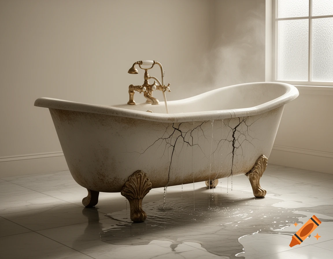 A white clawfoot bathtub with gold fixtures is heavily cracked and leaking water onto a tiled floor in a bright bathroom.