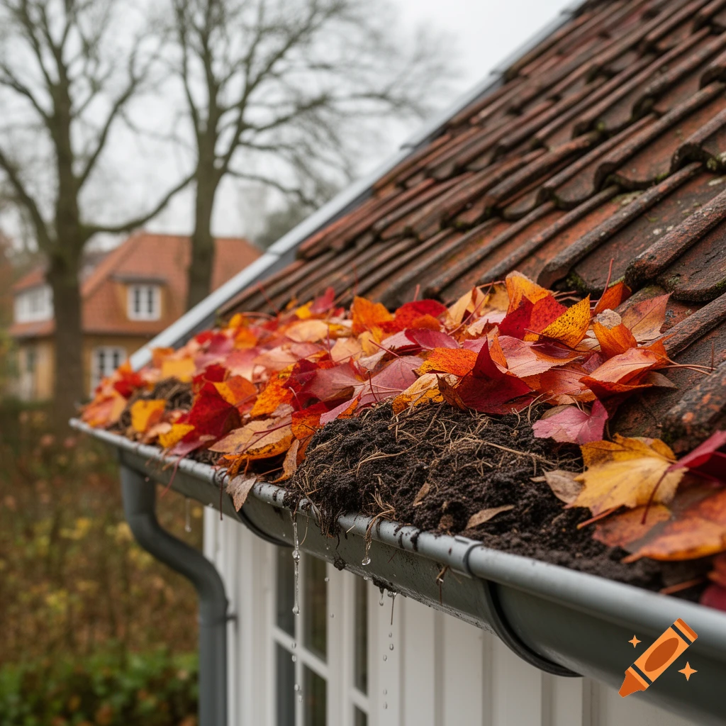 A close-up, photorealistic view of a rain gutter overflowing with vibrant red and orange autumn leaves, dirt, and debris on a Danish house.