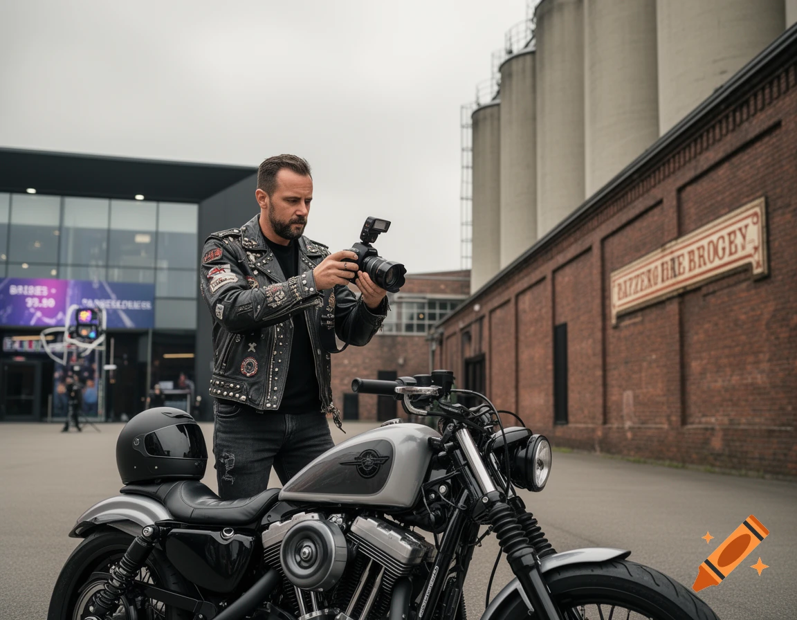 A man in a leather jacket and jeans stands next to a silver motorcycle, holding a camera with a flash. A brick building with a sign is on the right, and a modern building is on the left under a gray sky.
