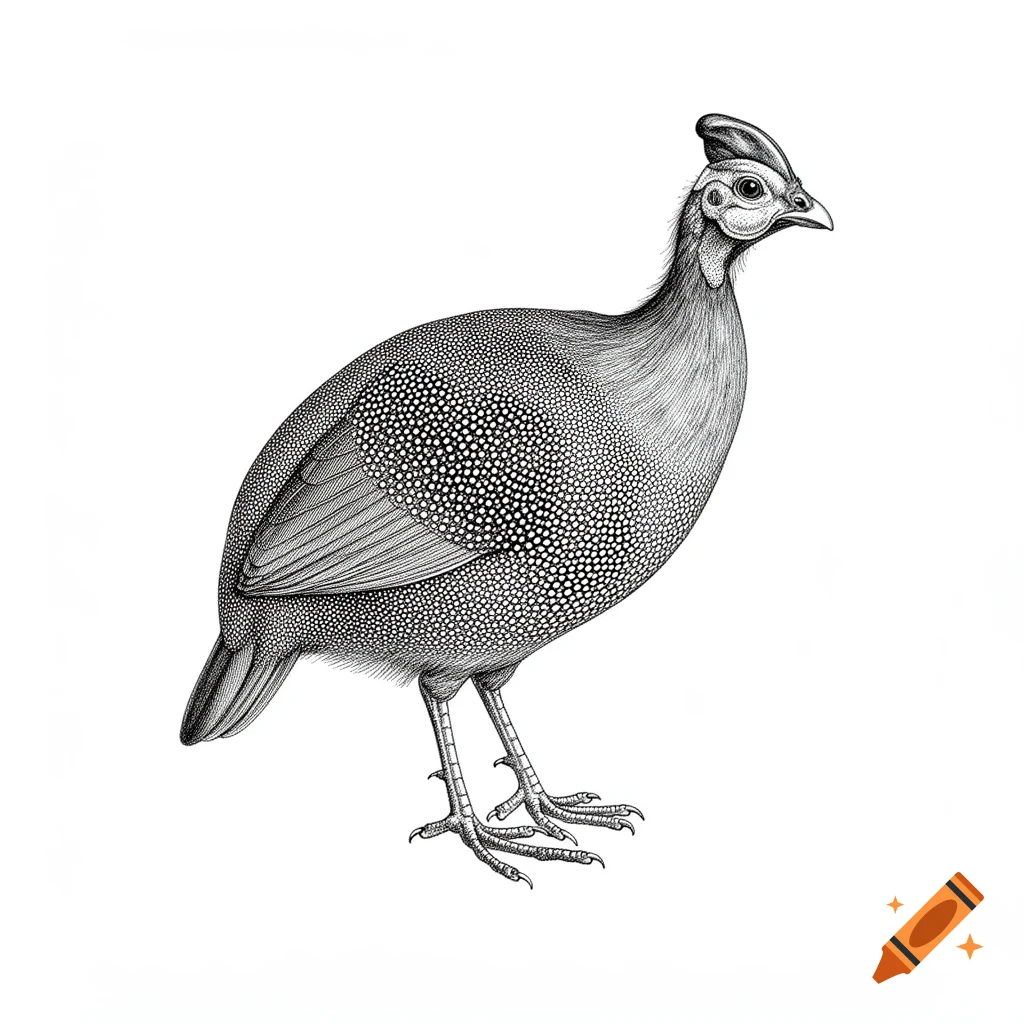 Monochrome line drawing of a guinea fowl with a speckled body and feathered head crest, resembling a scientific diagram, on a white background.