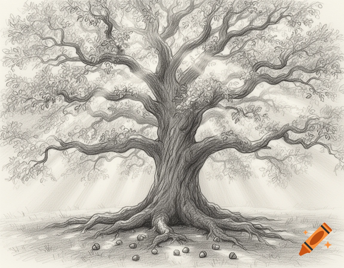 A detailed pencil sketch of a large old oak tree with sprawling roots and branches, light rays, and acorns.