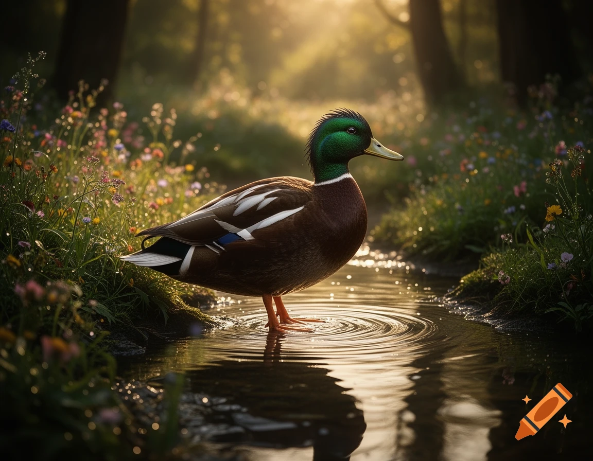A mallard duck stands in a shallow stream with ripples, surrounded by wildflowers in a sunlit forest.