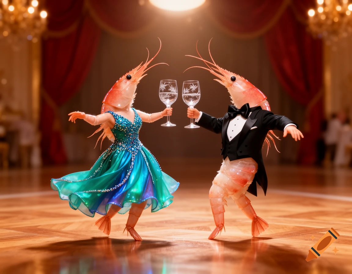 Two anthropomorphic shrimp, one in a shimmering teal cocktail dress and another in a tuxedo, dance in a grand ballroom, holding wine glasses.