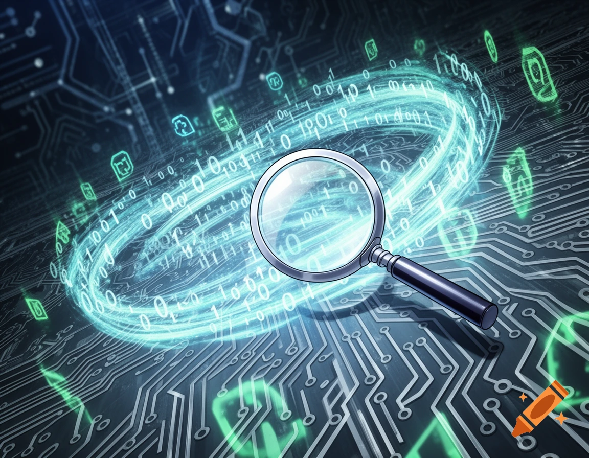 Magnifying glass over a glowing circuit board with swirling binary code and digital icons, stylized digital art.