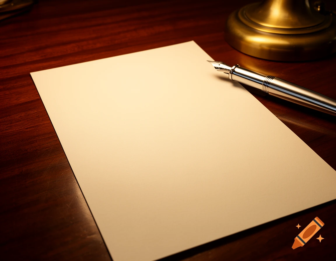 Blank paper, silver fountain pen, and brass lamp on a dark wooden desk.