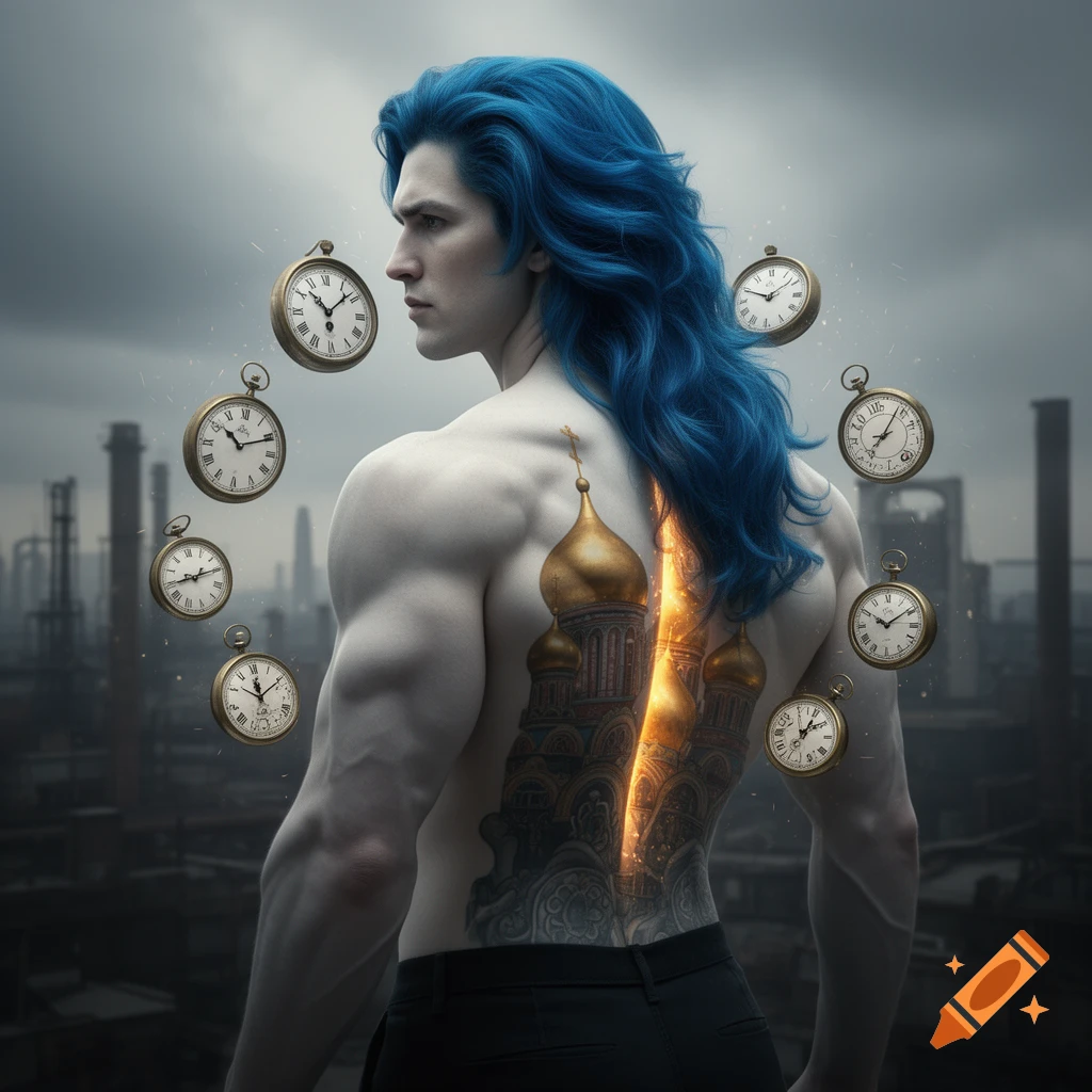 A muscular man with long blue hair and a glowing golden cathedral tattoo on his back stands against an industrial city skyline, surrounded by floating pocket watches.