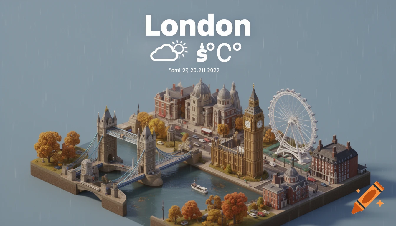 An isometric 3D miniature cartoon scene of London in the rain, featuring Tower Bridge, Big Ben, and the London Eye.