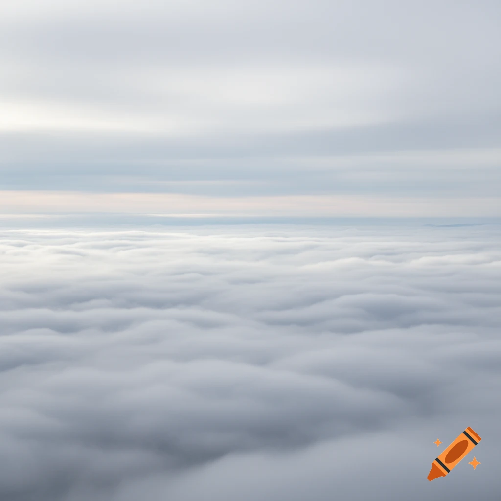 An aerial view of a vast, tranquil expanse of fluffy white and grey clouds stretching to the horizon under a muted sky.